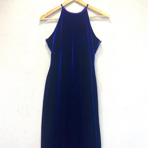 Vintage Niki Livas Blue Velvet Maxi Gown Dress Size 8 Lace Up Back Stretch Prom - Picture 5 of 16